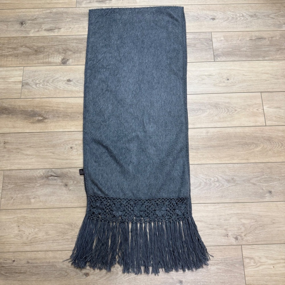 Alpaca Camargo Gray Alpaca Wool Scarf Crochet Floral Fringe Scandi Lagenlook Big - Picture 10 of 12